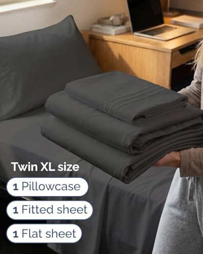 Twin XL Size 3 Piece Sheet Set - Breathable & Cooling Sheets - Charcoal
