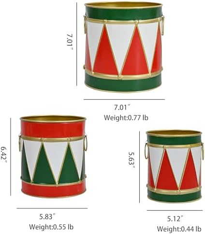 3-Piece Christmas Metal Drum Buckets Set - Festive Ice Bucket & Storage for Small Plants/Ornaments/Candies, Round Decorative Pails for Party Table Centerpieces & Home Mantel Display
