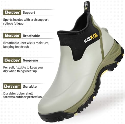Kalkal Men's Rubber Boots, Waterproof Ankle Rain Boots, Insulated Working Booties with Comfortable Sports Sole, Outdoor Mud Boots for Yard Chore