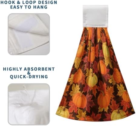 Set of 2 Fall Pumpkin Maple Leaf Hanging Kitchen Towels Thanksgiving Autumn Harvest Hand Tie Towel with Hanging Loops Dish Towels Washcloth Soft Absorbent Bath Hand Towel