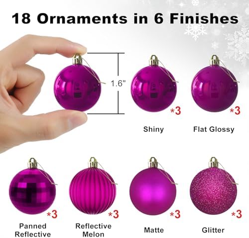 Fuchsia 1.6" Small Christmas Balls Christmas Tree Decoration Ornaments Shatterproof Hanging Balls for Birthday Halloween Holiday Wedding Decorations Set of 18pcs