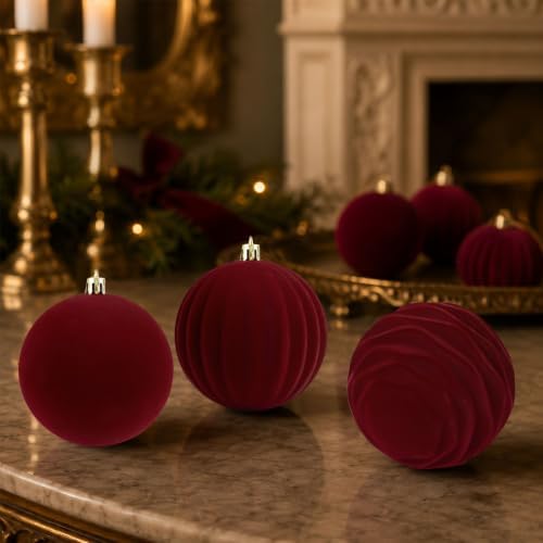 12Pcs Red Velvet Christmas Ornaments 2.36In Balls for Christmas Tree Deco