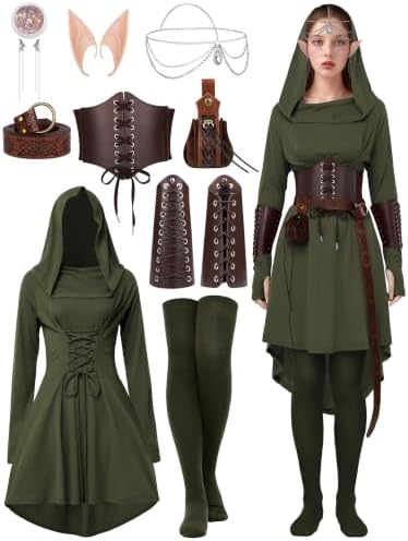 10 Pcs Women Renaissance Halloween Fairy Costume Medieval Hooded Elf Dress