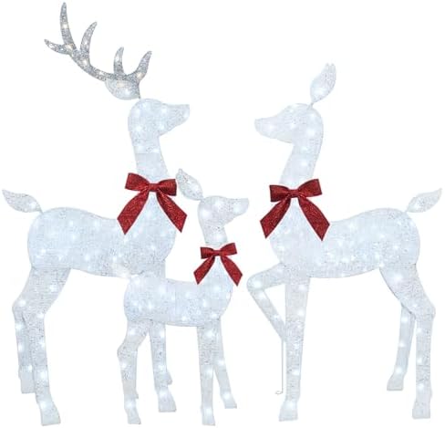 HOYECHI 4 FT Christmas Decorations Outdoor Lighted Reindeer – 3-Piece 2D Deer Family Set with 145 Warm White LED Lights for Yard, Lawn, Garden & Porch Holiday Display - White