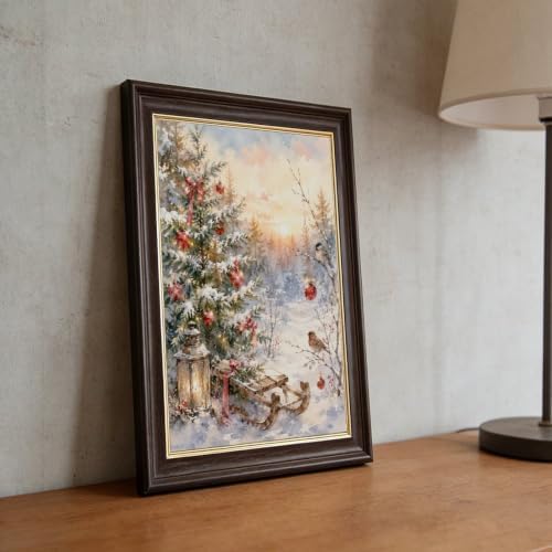 Snowy Christmas Tree Canvas Wall Art Wood Grain with Gold Edge Frame Sled