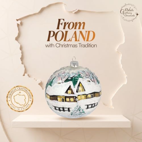 Hand Blown Glass Ball Christmas Ornament, 5 in, Cottage Houses White