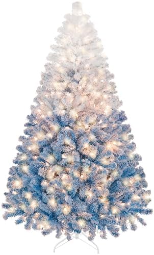 Yaheetech 6ft Prelit Flocked Christmas Tree, Blue & White, 250 Lights