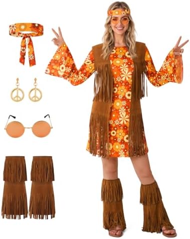 Spooktacular Creations Halloween Orange Hippie Costume Women, Costume for Women, 70s Outfit for Halloween Party