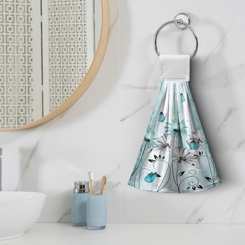 2 Pcs Teal Daisy Floral Hanging Kitchen Towels Turquoise Rustic Poppy Flower Butterfly Hand Towel with Hanging Loop Fast Drying Dish Washcloths Soft Absorbent Fingertip Bath Towel for Bathroom