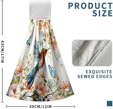 Floral Birds Hand Towels with Hanging Loops Garden Watercolor Floral Hummingbird Butterfly Hanging Kitchen Towels Set of 2 Spring Summer Soft Absorbent Bath Tie Towel Oven Stove Dish Washcloths