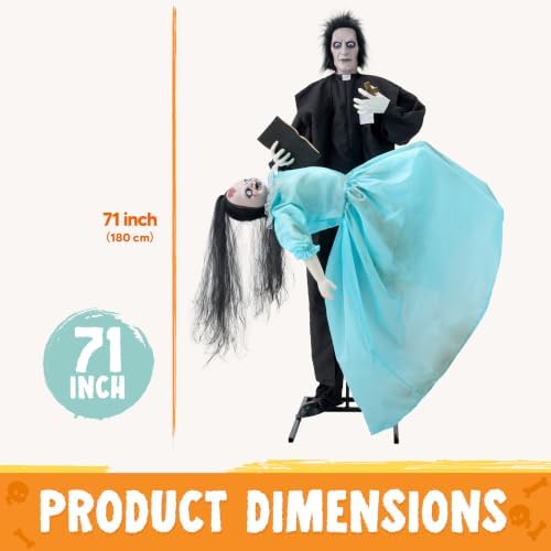 JOYIN 69" Halloween Animatronic Decorations Outdoor Exorcist Priest and Levitating Girl, 2 Pcs Sound Activated Life-Size Prop with Floating Movement, Scary Haunted House Props for Garden Yard Lawn