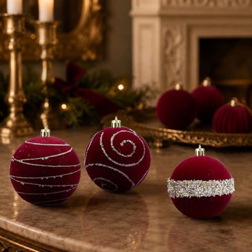 9Pcs Red Velvet Christmas Ornaments 3.94In Balls for Christmas Tree Deco