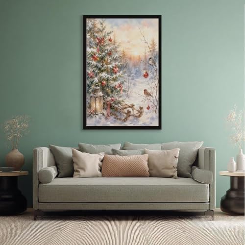 Snowy Christmas Tree Canvas Wall Art Winter Sled Birds Decor Black Frame