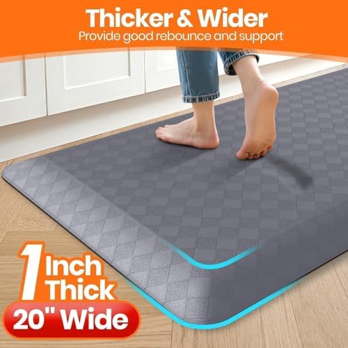 1" Thick Kitchen Mats for Floor, Water Resistant Floor Rug,Grey/72" x 20"