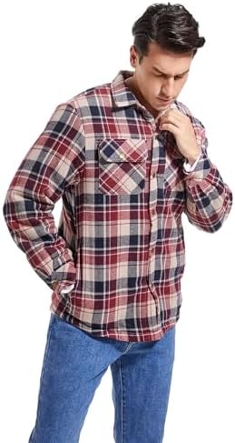 Men's Sherpa Cotton Flannel Shirt Jacket Plaid Button Coat Pocket