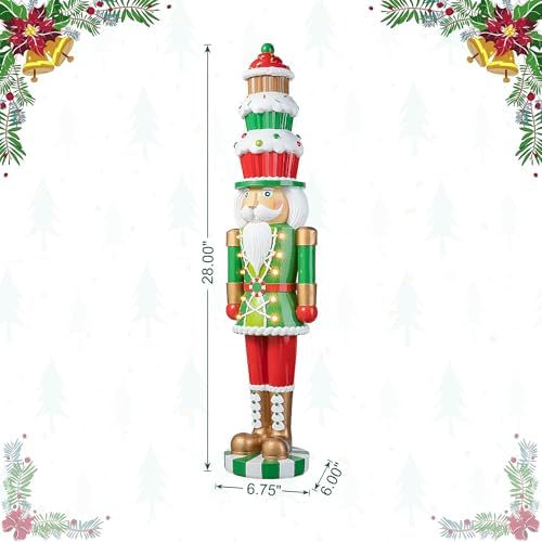 Glitzhome 28''H Lighted Resin Christmas Nutcracker with Cupcake Hat Porch Decor with Timer, Xmas Winter Patio Front Porch Indoor Outdoor Home Standing Decor