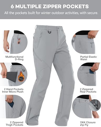 Stlight Mens Snow Ski Water Repellent Softshell Pants for Winter Hiking Fleece Lined Bottom Leg Zipper with 6 Zip Pockets