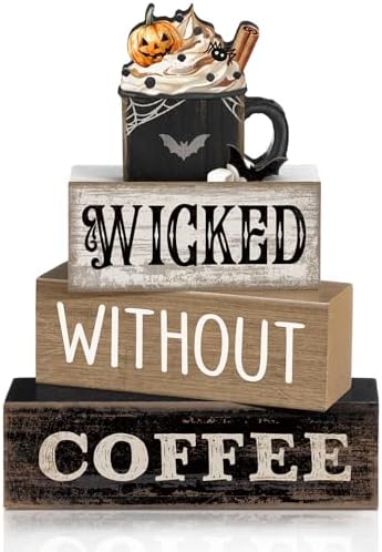 Lineshading 4 Pcs Halloween Coffee Table Decor, Gothic Black Wood Sign Home