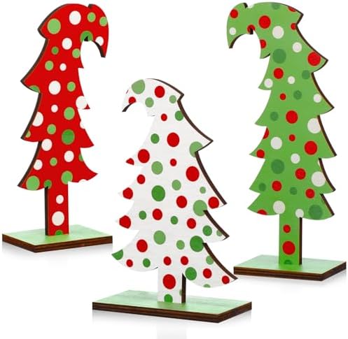 Meooeck 3 Pack Whimsical Wood Christmas Tree Lime Green Tabletop, Polka Dot