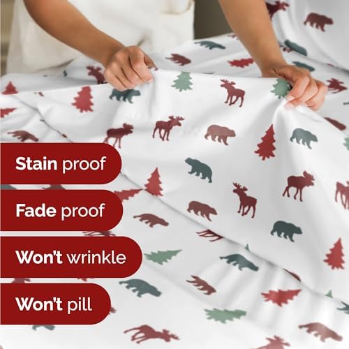 Christmas Sheet Set, Woodland Scene, Holiday Xmas Bedding Set - Queen Size