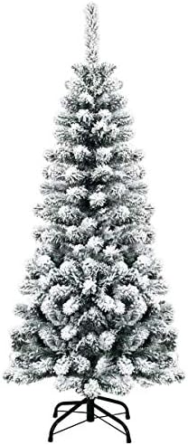 4.5FT Snow Flocked Pine Tree, Artificial Christmas Tree w/Sturdy Metal Stand & Quality PVC Needles, Pencil Xmas Tree for Indoor & Outdoor Holiday Decoration