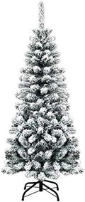 4.5FT Snow Flocked Pine Tree, Artificial Christmas Tree w/Sturdy Metal Stand & Quality PVC Needles, Pencil Xmas Tree for Indoor & Outdoor Holiday Decoration