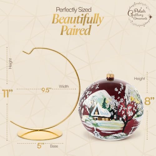 Hand Blown Glass Christmas Ornaments Ball, Cottage Burgundy 8 in + Stand