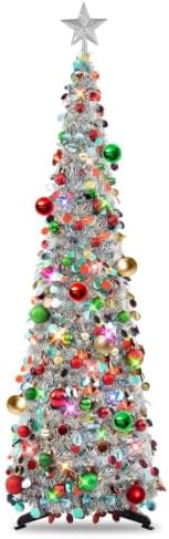 N&T NIETING Pop Up Silver Mix Tinsel Christmas Tree with Lights & 30 Balls, 5Ft Collapsible Skinny Christmas Tree for Holiday Xmas Home Office Decor