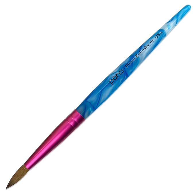 PANA Pure Kolinsky Hair Acrylic Nail Brush - Round Shape Pink Ferrule with White Swirl Blue Handle (Size 6) - Nail Brush for Acrylic Nail Application, Nail Extension, Manicure Pedicure Salon Beginner