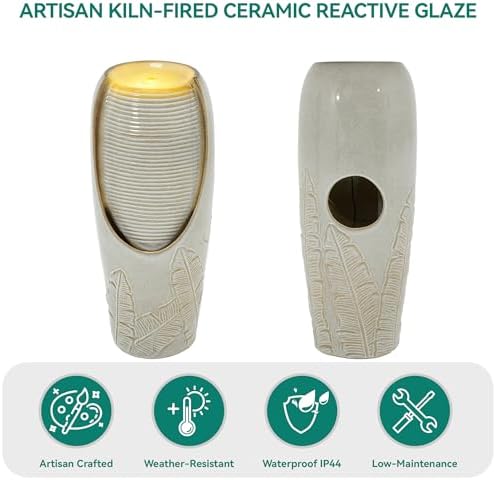 Autodaya 32"H Jar Ceramic Outdoor Water Fountain, Sand Beige Foilage Design