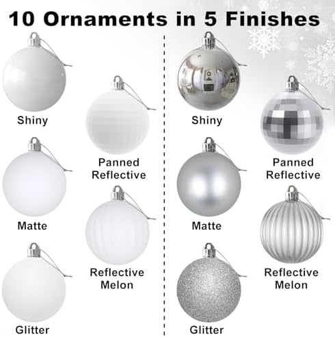White & Silver 2.5" Christmas Balls Christmas Tree Decoration Ornaments Shatterproof Hanging Balls for Birthday Halloween Holiday Wedding Decorations Set of 10pcs