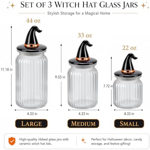 Mimorou 3 Set Halloween Glass Jar with Witchy Hat Lid Halloween Clear Candy Jar Food Storage Canister with Airtight Ceramic Lid for Fall Autumn Party Tea Cookie Table Decoration