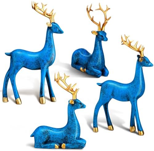 Thyle 4 Pcs Christmas Reindeer Decor Indoor Small Blue Resin Deer Figurine