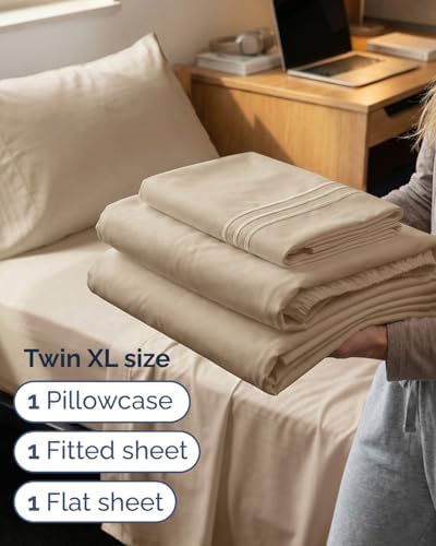 Twin XL Size 3 Piece Sheet Set - Comfy Breathable & Cooling Sheets - Cream