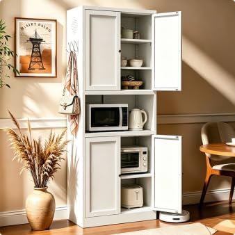 AQY Metal Pantry Cabinet, 72" White Kitchen Storage Cabinet with Doors | Microwave Stand 3 Adjustable Shelves Freestanding Storage Metal Cabinet Kitchen Organization