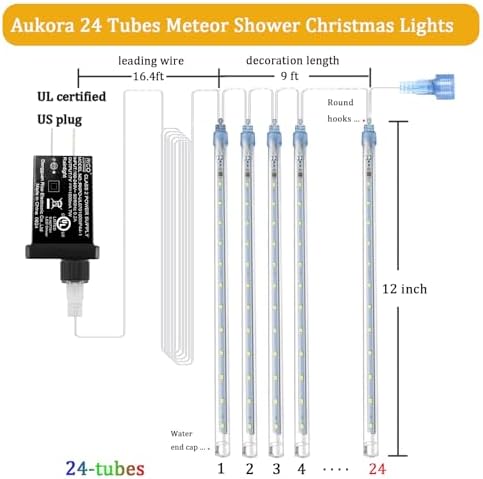 Aukora Christmas Lights Outdoor, White Meteor Shower Lights UL Certified