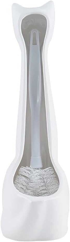 Allure Home Creation Cat 3-Piece White Ceramic Toilet Brush Holder w/White Plastic Handled Scrub Brush & Soap Dispenser