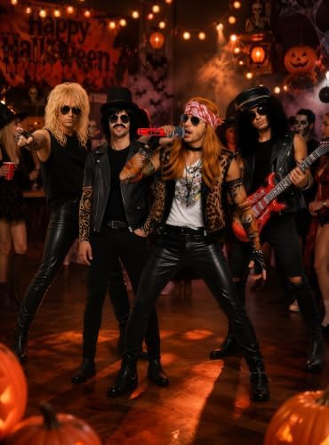 4 Person Rocker Costume Kit for Adults, 80s Rockstar Outfit