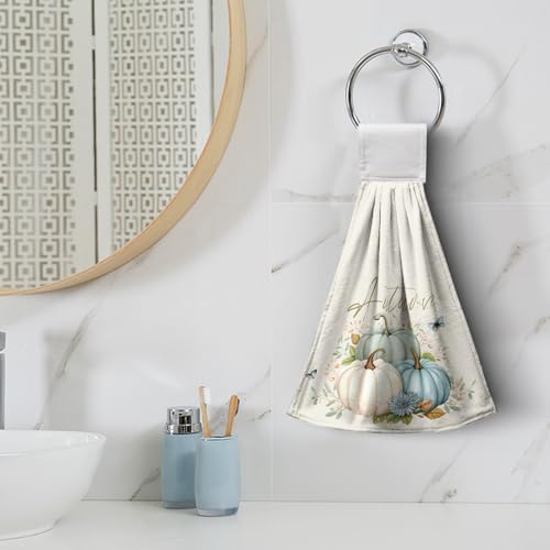 Fall Blue Teal Pumpkin Kitchen Hanging Towels Set of 2 Autumn Watercolor Maple Leaves Hand Towels with Loop Thanksgiving Seasonal Guest Towels Soft Absorbent Fingertip Tie Towel for Holiday Baking