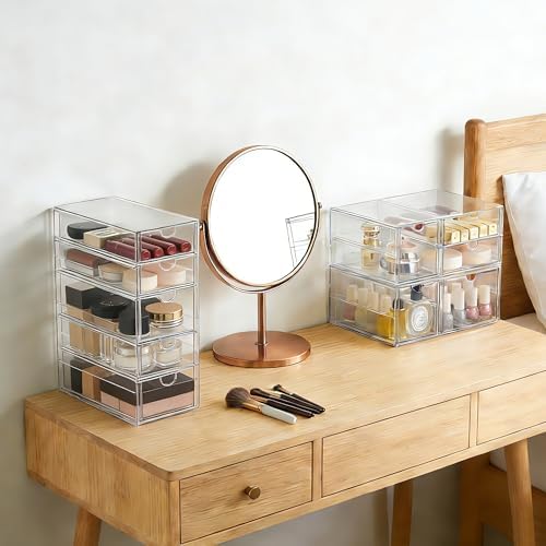 Prsildan Acrylic Drawer Makeup Organizer with 9 Drawers, Set of 3 Office Desk Organizers Accessories, Clear Stackable Storage Drawers for Vanity, Countertop, Craft, Jewelry, Art Supply Organization