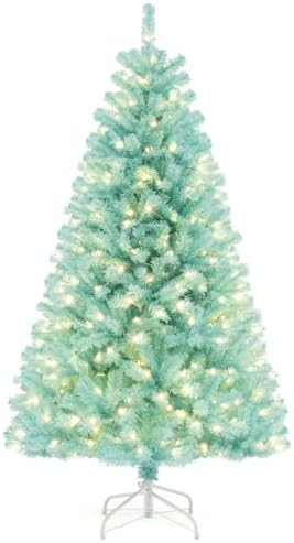 HAPPYGRILL 6 FT Pre-lit Artificial Christmas Tree Blue Hinged Xmas Tree with 758 Branch Tips, 280 Warm White LED Lights & Folding Metal Stand, Pre-Lit Holiday Decoration Tree for Home Office