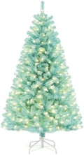HAPPYGRILL 6 FT Pre-lit Artificial Christmas Tree Blue Hinged Xmas Tree with 758 Branch Tips, 280 Warm White LED Lights & Folding Metal Stand, Pre-Lit Holiday Decoration Tree for Home Office