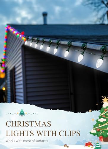 Brightown C9 LED Christmas Lights Outdoor, 68 Feet 100 LED C9 String Lights with 100 Spring Clips, Waterproof Connectable Christmas Tree Lights for Outside Roofline Patio Home Xmas Decor, Pure White