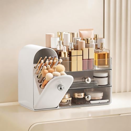 HBlife Makeup Organizer Countertop with Drawers, Vanity Organizers with Brush Holder, Bathroom Counter Organizer for Perfume, Nail Polishes, Lipsticks, Skincare and Eyeshadow Palettes, White Sliver