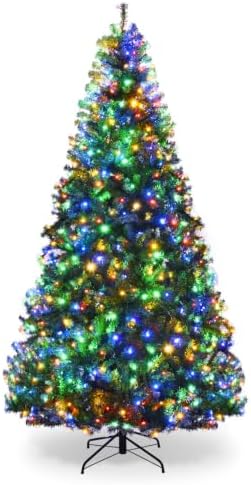 HAPPYGRILL 8FT Pre-Lit Christmas Tree with 2128 PVC Branch Tips and Foldable Base, Premium Artificial Spruce Tree Hinged Xmas Tree for Holiday Decor
