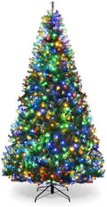 HAPPYGRILL 8FT Pre-Lit Christmas Tree with 2128 PVC Branch Tips and Foldable Base, Premium Artificial Spruce Tree Hinged Xmas Tree for Holiday Decor
