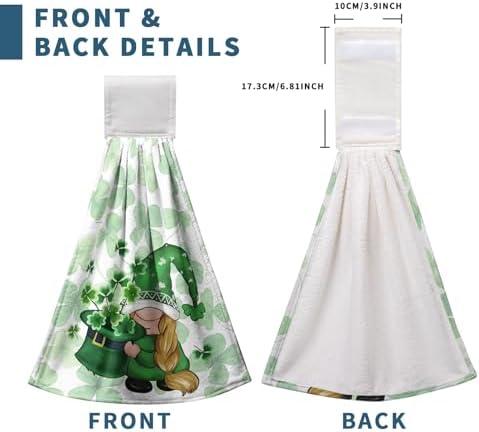 St Patricks Day Gnomes Hanging Kitchen Towels Set of 2 Spring Lucky Shamrocks Hand Towel with Hanging Loop Irish Green Dish Towel Soft Absorbent Bath Tie Towel for Bathroom Farmhouse