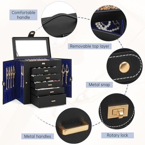 AKOZLIN 6-Tier Jewelry Box Organizer 5 Drawers Storage XLarge BlackBlue
