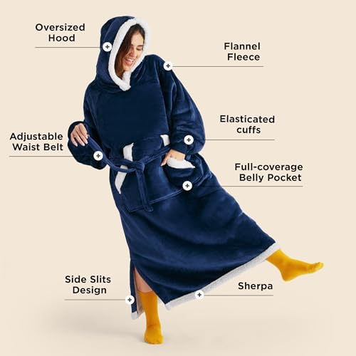 Bedsure Wearable Blanket Hoodie Women - Long Sherpa Fleece Hooded Blanket for Adult Women Men, Warm Cozy Blanket Sweatshirt with Giant Pocket and Belt, Winter Gifts for Girlfriend Mom, Standard, Navy