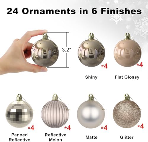 Champagne Gold 3.2" Large Christmas Balls - Christmas Tree Decoration Ornaments Shatterproof Hanging Balls for Birthday Halloween Holiday Wedding Decorations Set of 24pcs